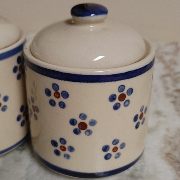 4 Mini Vintag Ceramic Canisters Naaman Porcelain Israel Ivory Blue & Burgundy - Picture 2 of 10